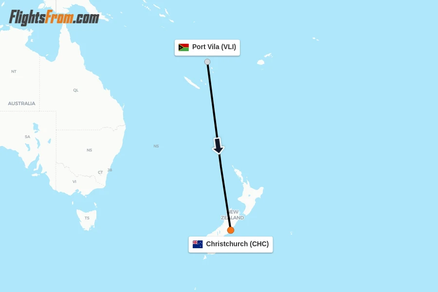 Flights from Port Vila to Christchurch route map