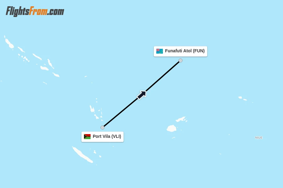 Flights from Port Vila to Funafuti Atol route map
