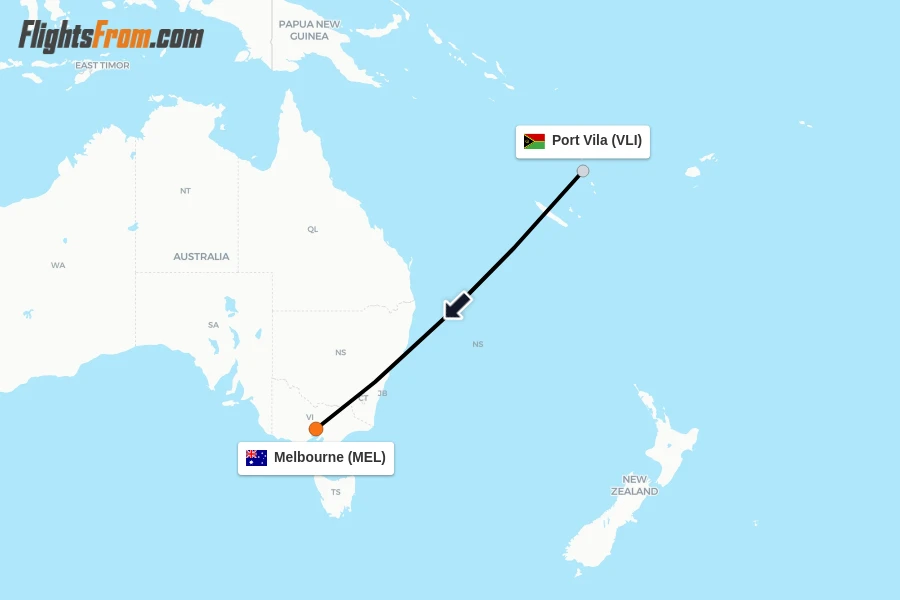 Flights from Port Vila to Melbourne route map