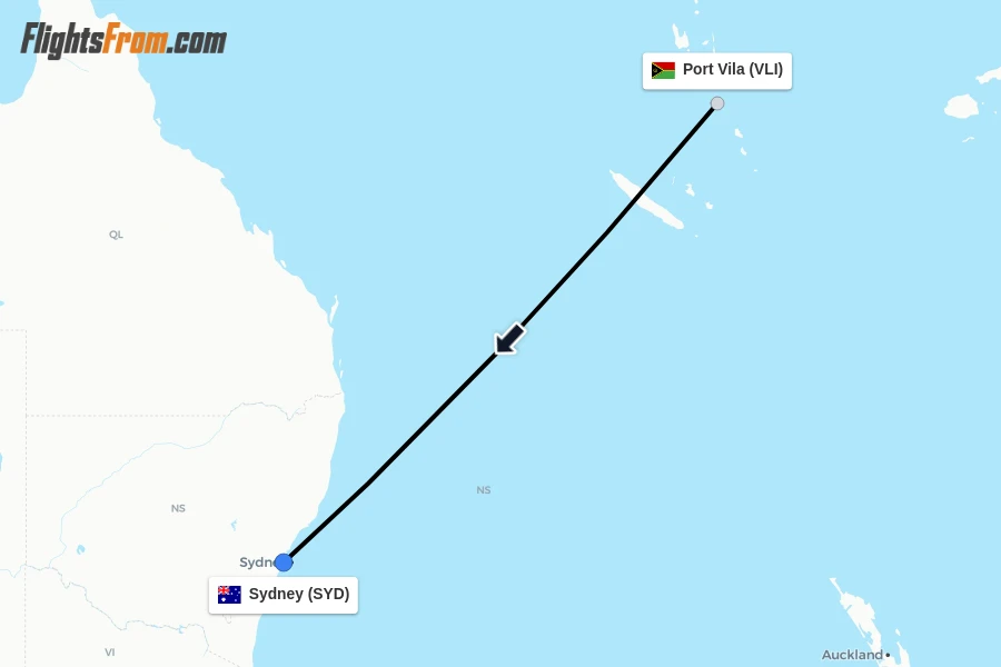 Flights from Port Vila to Sydney route map