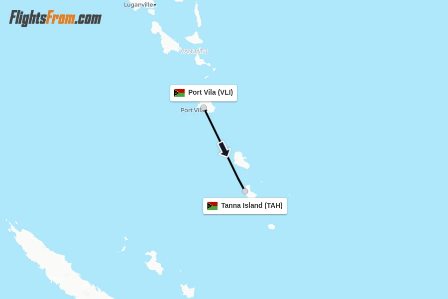 Flights from Port Vila to Tanna Island route map