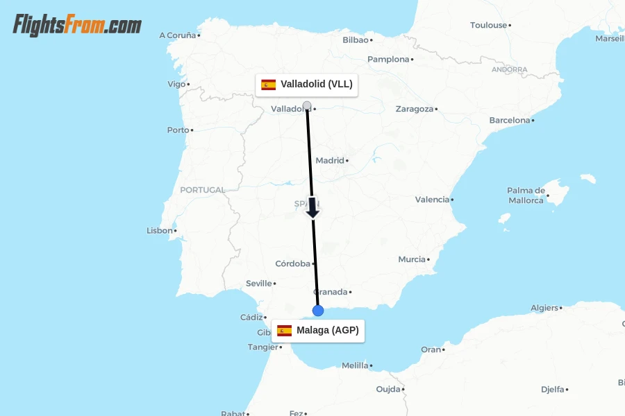 Flights from Valladolid to Malaga route map