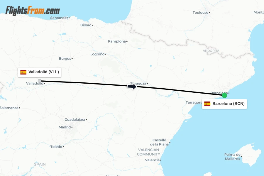 Flights from Valladolid to Barcelona route map