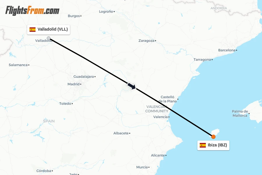 Flights from Valladolid to Ibiza route map