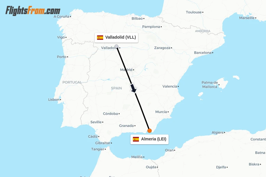 Flights from Valladolid to Almeria route map