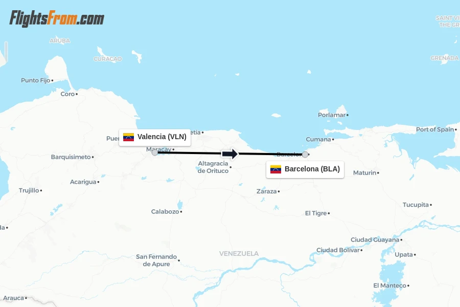 Flights from Valencia to Barcelona route map