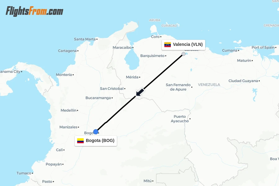 Flights from Valencia to Bogota route map