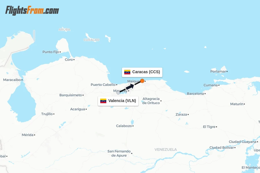 Flights from Valencia to Caracas route map