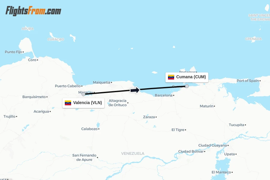 Flights from Valencia to Cumana route map