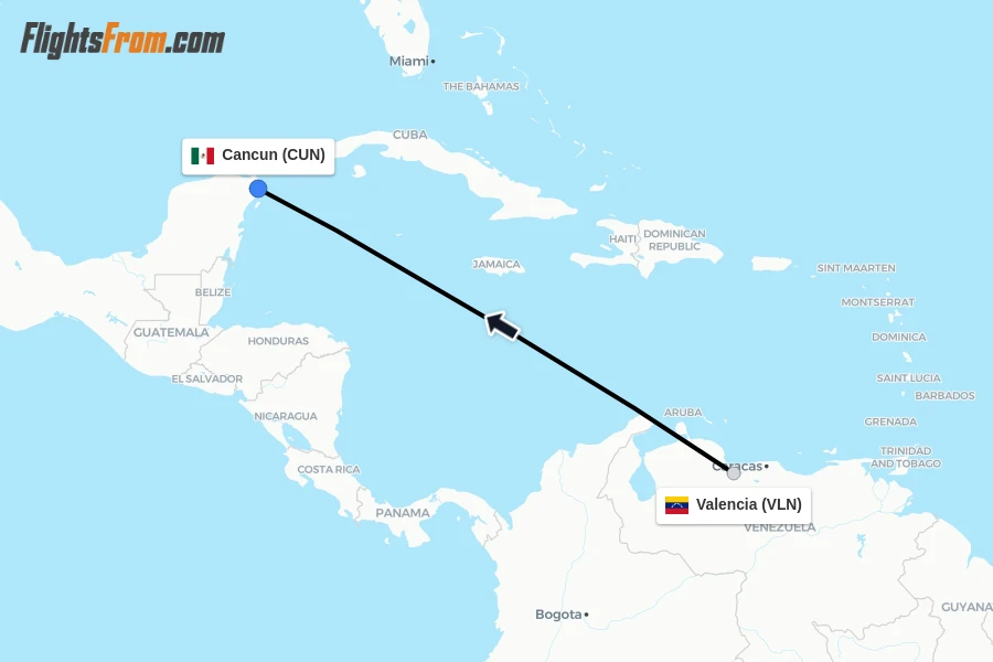 Flights from Valencia to Cancun route map