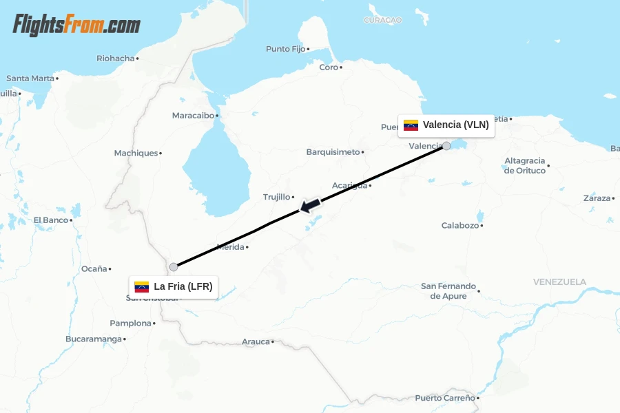 Flights from Valencia to La Fria route map