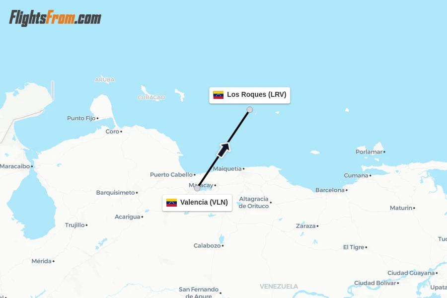 Flights from Valencia to Los Roques route map