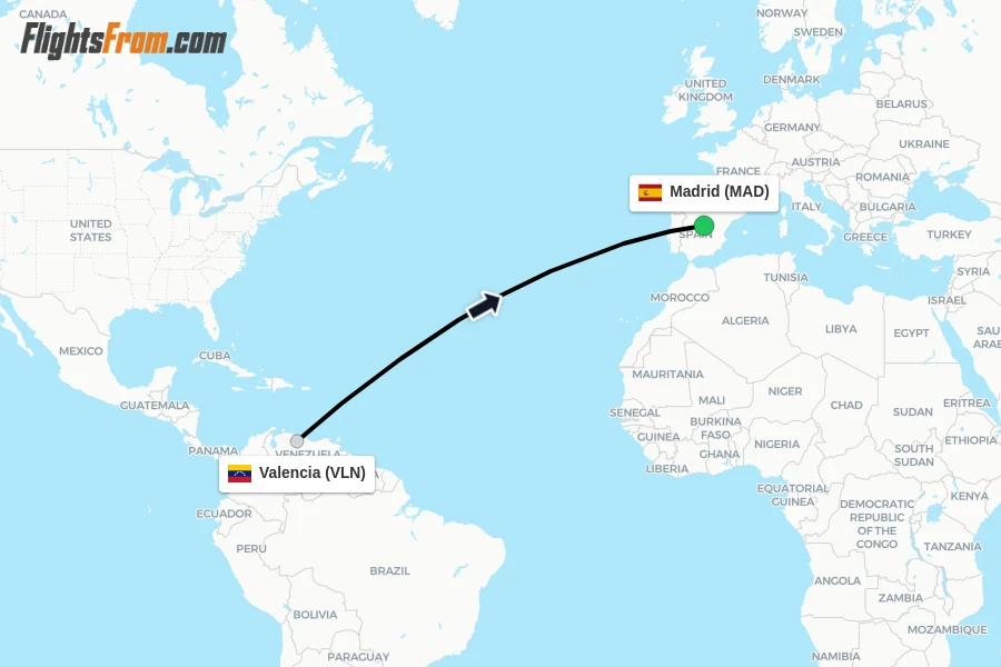 Flights from Valencia to Madrid route map