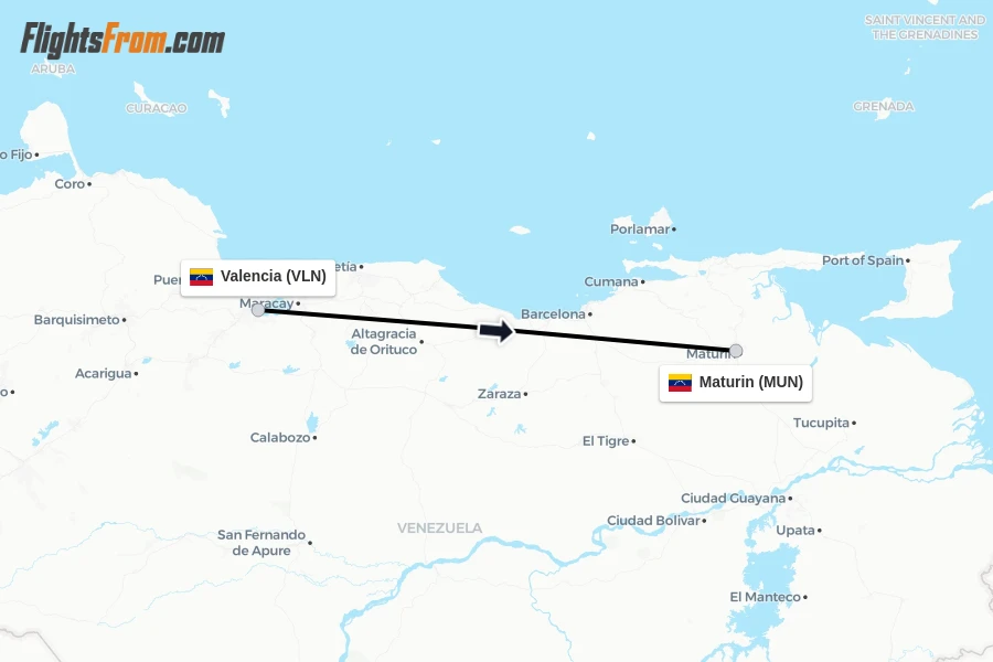 Flights from Valencia to Maturin route map