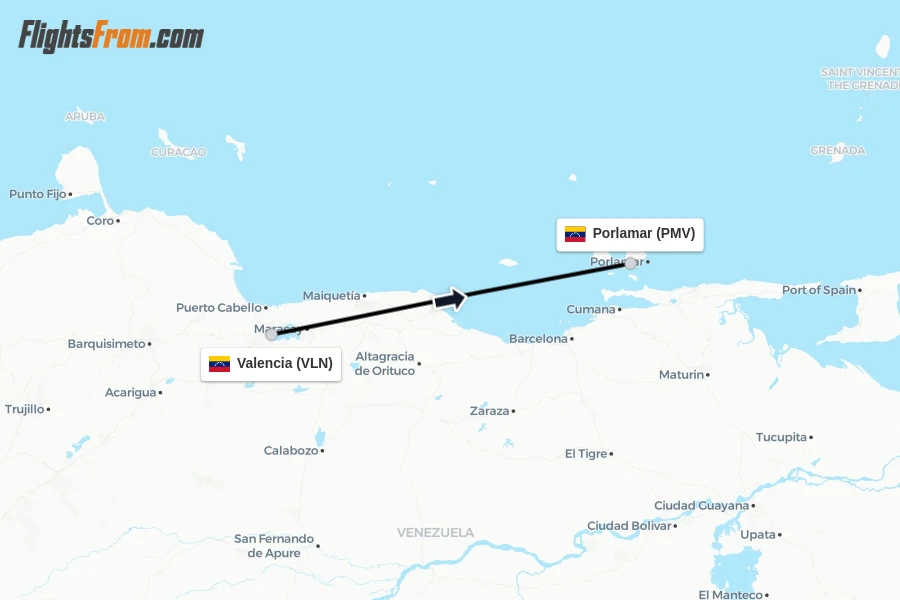 Flights from Valencia to Porlamar route map