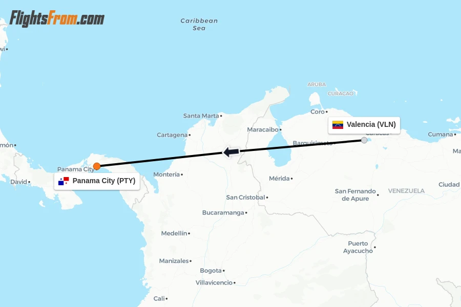 Flights from Valencia to Panama City route map
