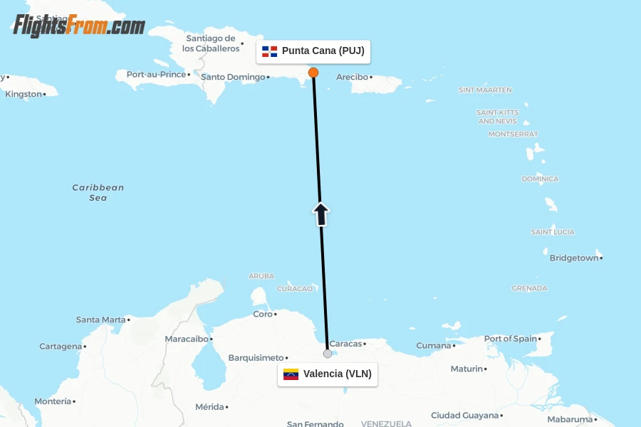 Flights from Valencia to Punta Cana route map