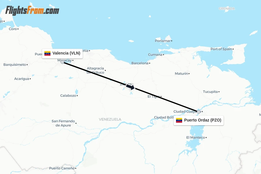 Flights from Valencia to Puerto Ordaz route map