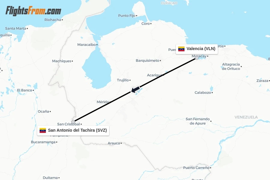 Flights from Valencia to San Antonio del Tachira route map