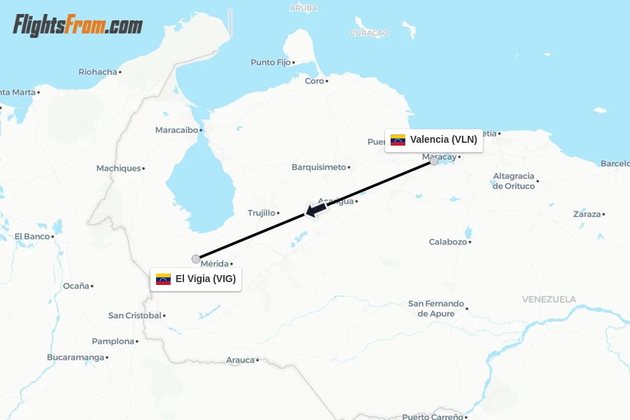 Flights from Valencia to El Vigia route map
