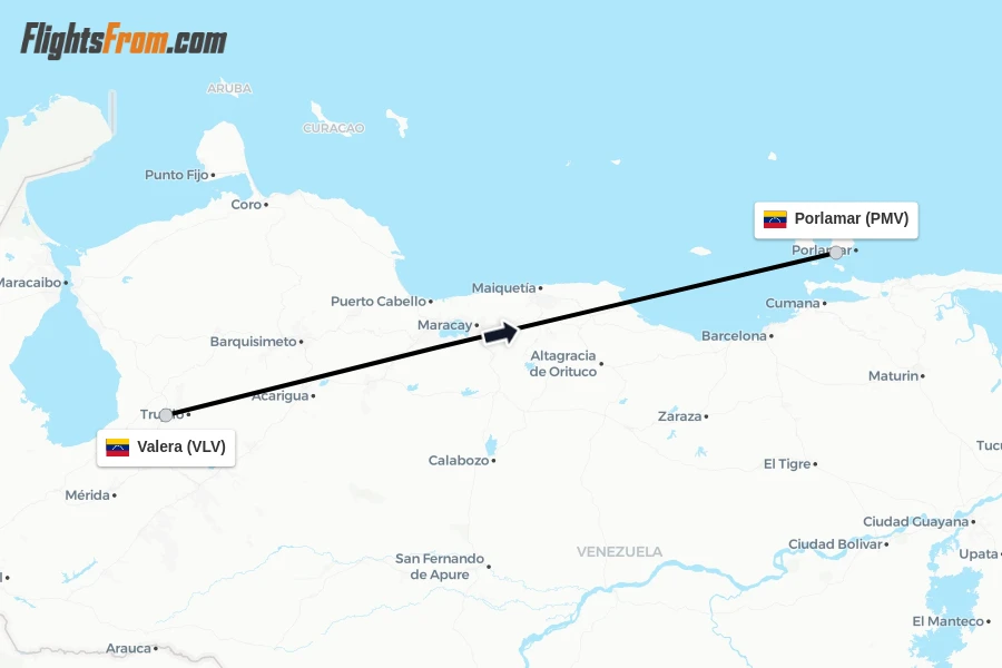 Flights from Valera to Porlamar route map