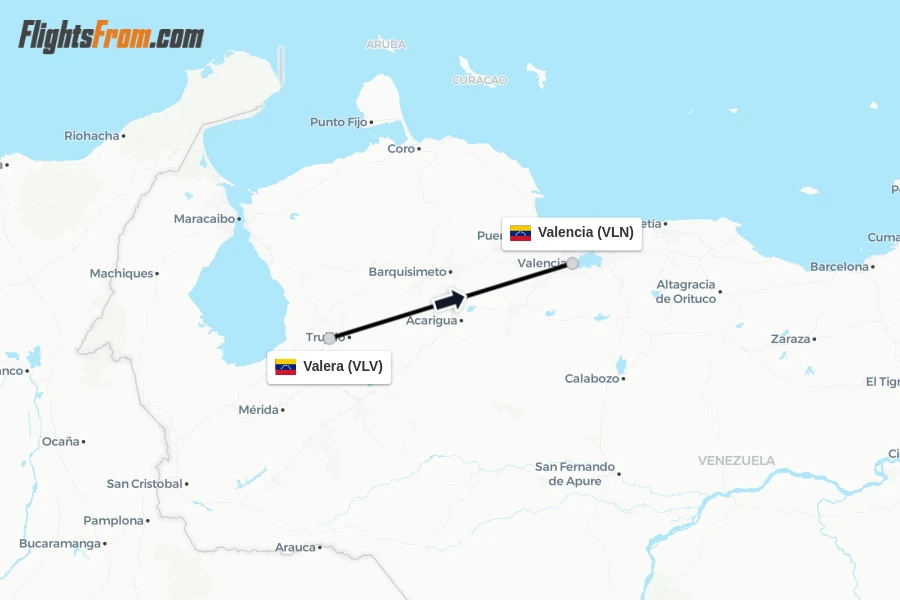 Flights from Valera to Valencia route map