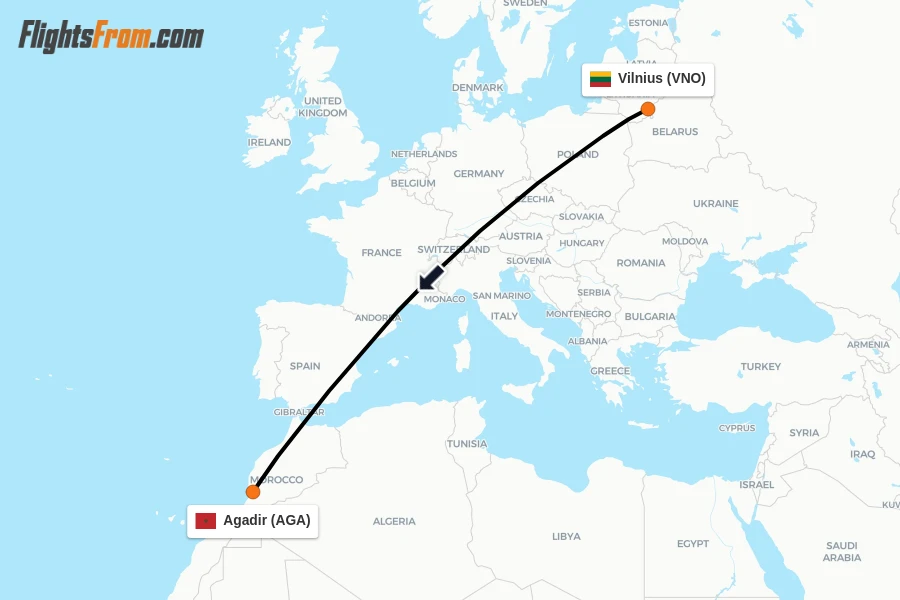 Flights from Vilnius to Agadir route map
