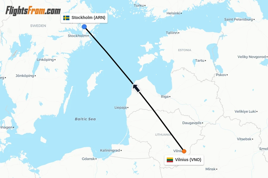 Flights from Vilnius to Stockholm route map