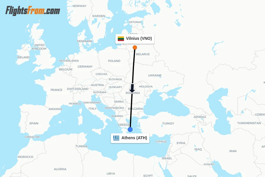 Flights from Vilnius to Athens route map