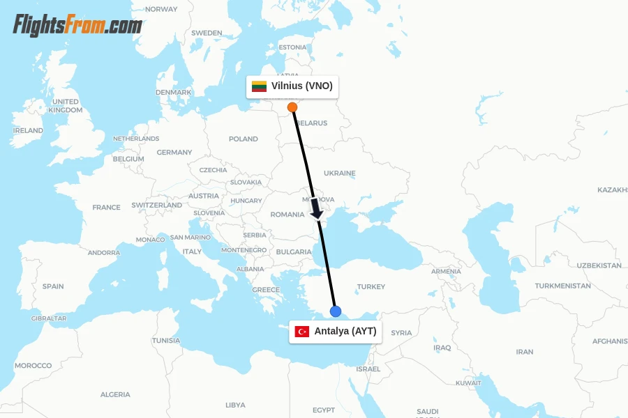 Flights from Vilnius to Antalya route map