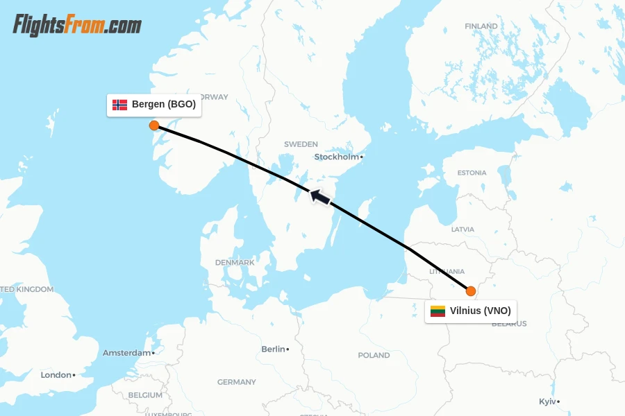 Flights from Vilnius to Bergen route map