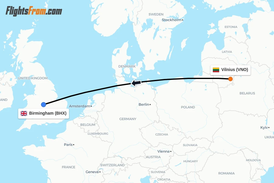 Flights from Vilnius to Birmingham route map