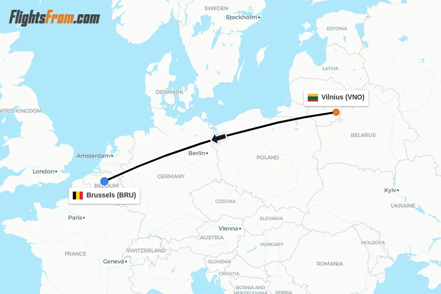 Flights from Vilnius to Brussels route map
