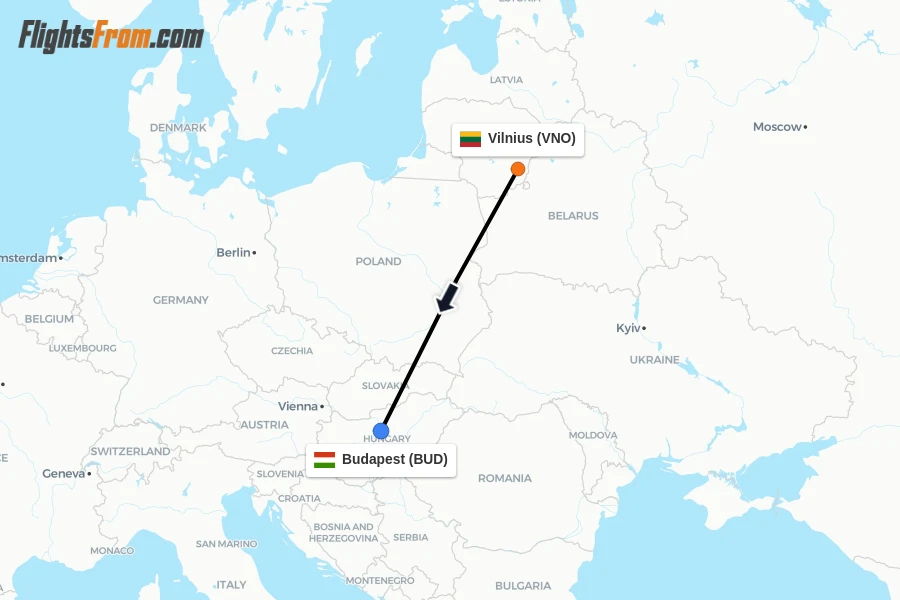 Flights from Vilnius to Budapest route map