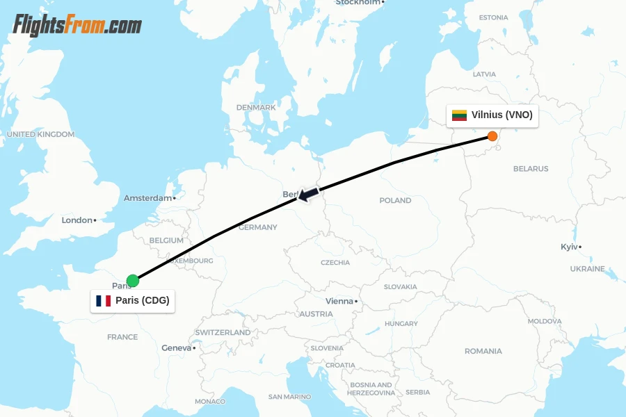 Flights from Vilnius to Paris route map