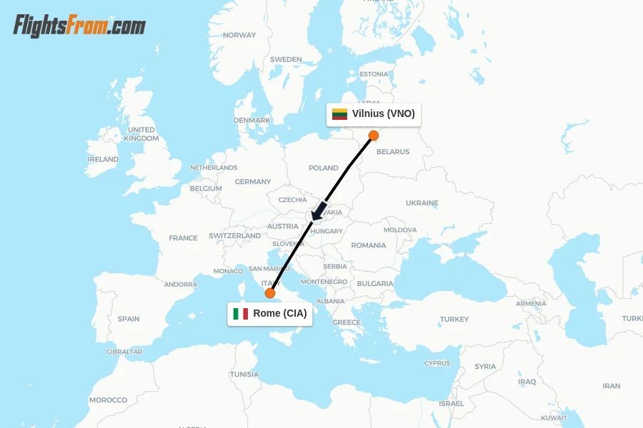 Flights from Vilnius to Rome route map