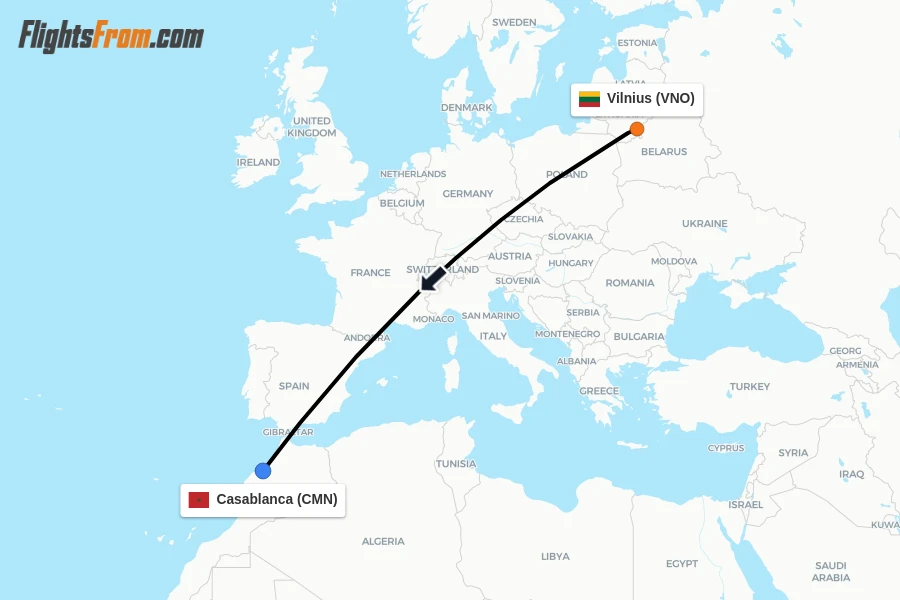 Flights from Vilnius to Casablanca route map