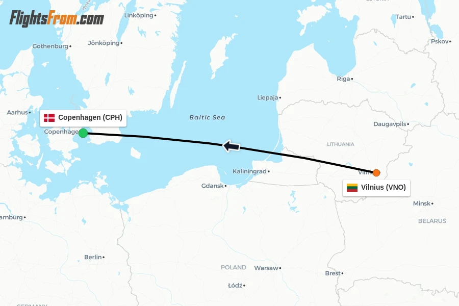 Flights from Vilnius to Copenhagen route map