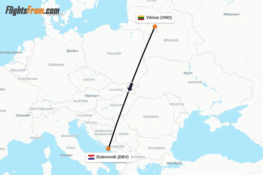 Flights from Vilnius to Dubrovnik route map