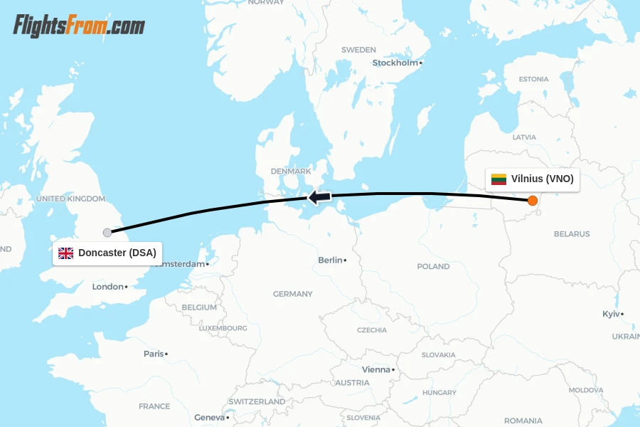 Flights from Vilnius to Doncaster route map