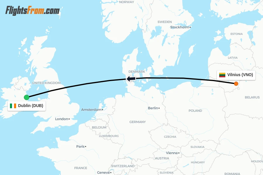 Flights from Vilnius to Dublin route map