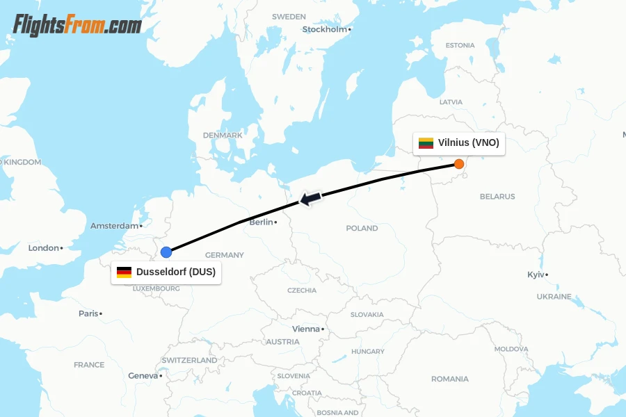 Flights from Vilnius to Dusseldorf route map