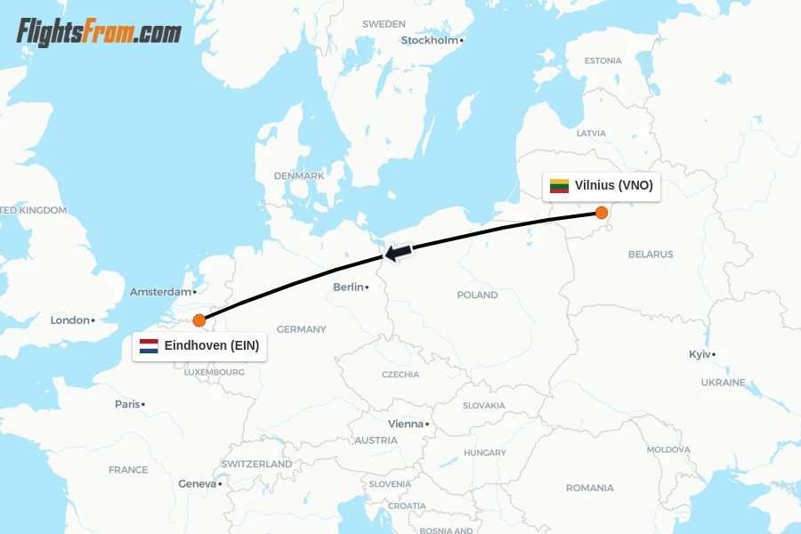 Flights from Vilnius to Eindhoven route map