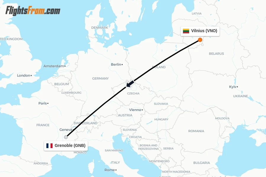 Flights from Vilnius to Grenoble route map