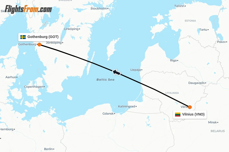Flights from Vilnius to Gothenburg route map