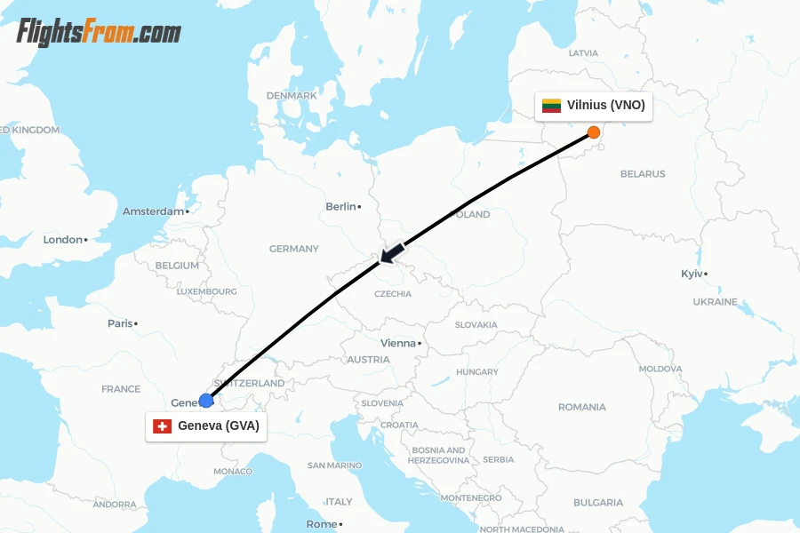 Flights from Vilnius to Geneva route map