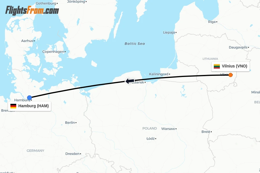 Flights from Vilnius to Hamburg route map