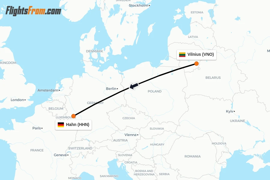 Flights from Vilnius to Hahn route map