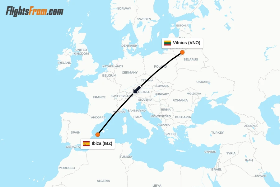 Flights from Vilnius to Ibiza route map