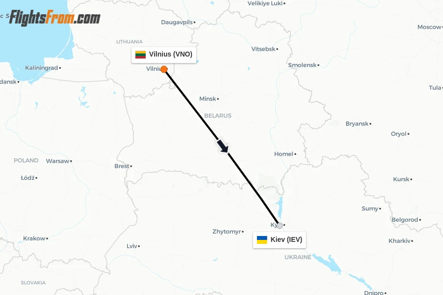 Flights from Vilnius to Kiev route map